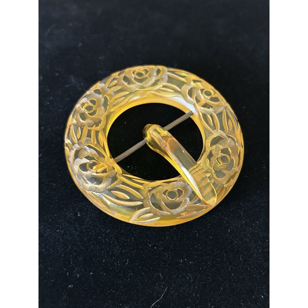 Vintage Bakelite Belt Buckle Amber Yellow Carved Rose Floral Art Deco 1930s 40s